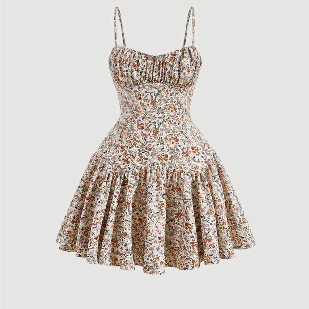 Floral Spaghetti-Strap Sundress in Cream and Brown